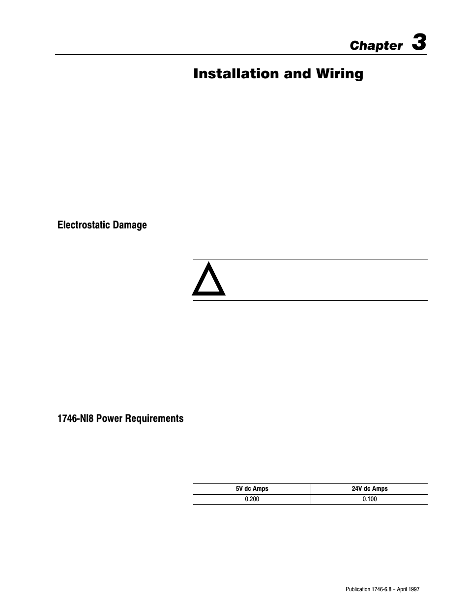 3 - installation and wiring, Electrostatic damage, 1746 ni8 power requirements | Installation and wiring, Chapter | Rockwell Automation 1746-NI8 SLC 500 Analog Input Modules User Manual User Manual | Page 22 / 91