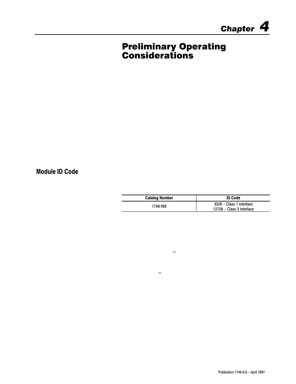 4 - preliminary operating considerations, Module id code, Preliminary operating considerations | Chapter | Rockwell Automation 1746-NI8 SLC 500 Analog Input Modules User Manual User Manual | Page 32 / 91