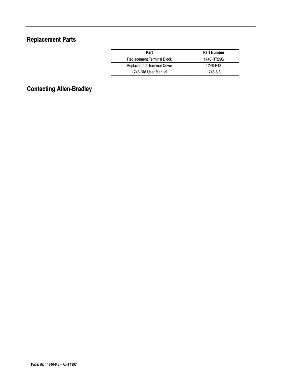 Replacement parts, Contacting allen bradley, Replacement parts contacting allenćbradley | Rockwell Automation 1746-NI8 SLC 500 Analog Input Modules User Manual User Manual | Page 65 / 91