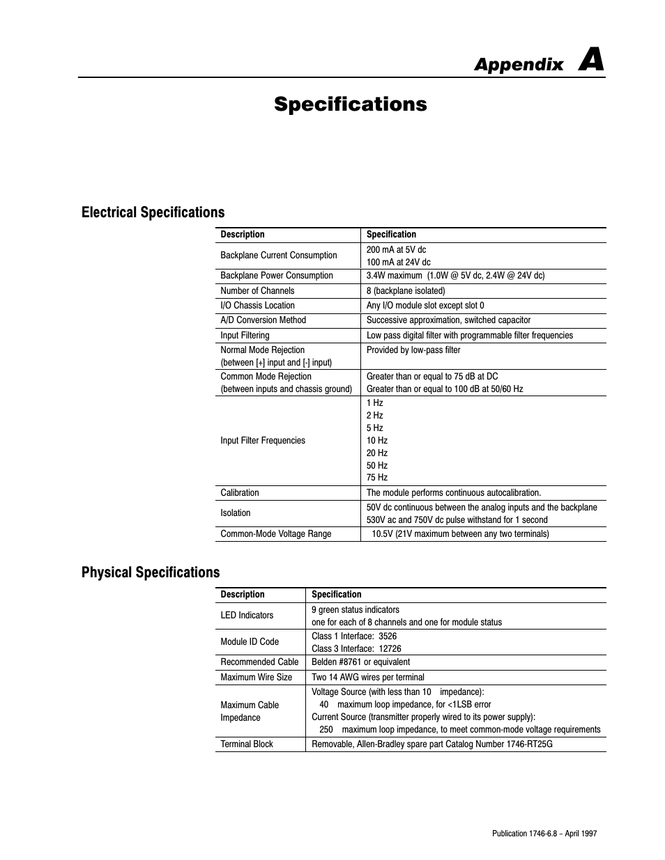 A - specifications, Electrical specifications, Physical specifications | Specifications, Appendix, Electrical specifications physical specifications | Rockwell Automation 1746-NI8 SLC 500 Analog Input Modules User Manual User Manual | Page 76 / 91