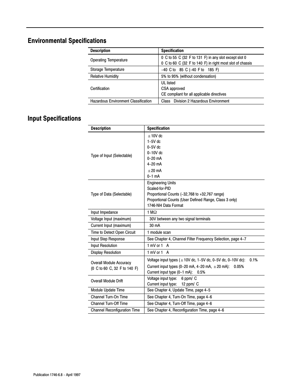 Environmental specifications, Input specifications, Environmental specifications input specifications | Rockwell Automation 1746-NI8 SLC 500 Analog Input Modules User Manual User Manual | Page 77 / 91