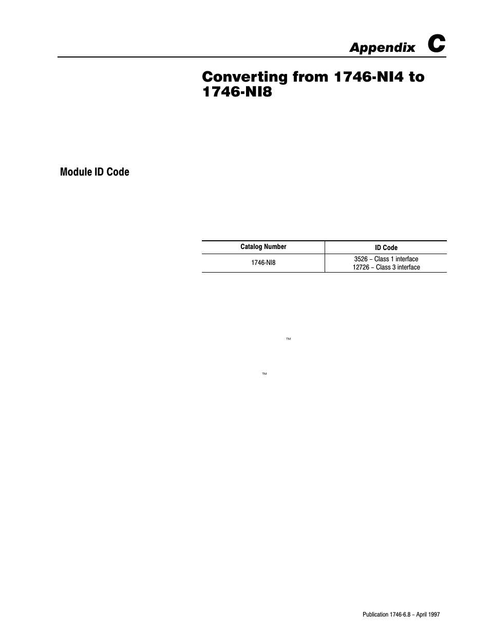 C - converting from 1746-ni4 to 1746-ni8, Module id code, Appendix | Rockwell Automation 1746-NI8 SLC 500 Analog Input Modules User Manual User Manual | Page 79 / 91