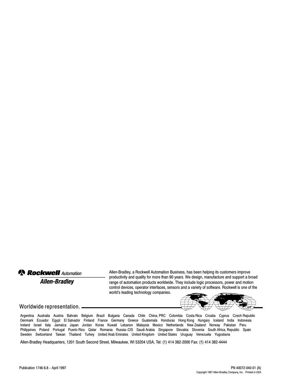 Back cover, Worldwide representation | Rockwell Automation 1746-NI8 SLC 500 Analog Input Modules User Manual User Manual | Page 91 / 91