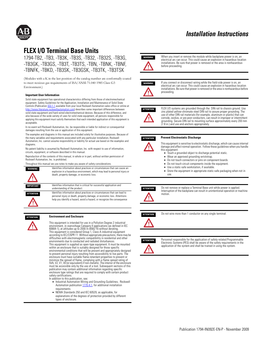 Rockwell Automation 1794-TB3GK, -TB3GS, -TB3T, -TB3TS, -TBN, -TBNK, -TBNF Flex I/O Terminal Base Units User Manual | 6 pages