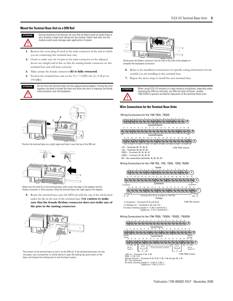 Wire connections for the terminal base units | Rockwell Automation 1794-TB3GK, -TB3GS, -TB3T, -TB3TS, -TBN, -TBNK, -TBNF Flex I/O Terminal Base Units User Manual | Page 3 / 6