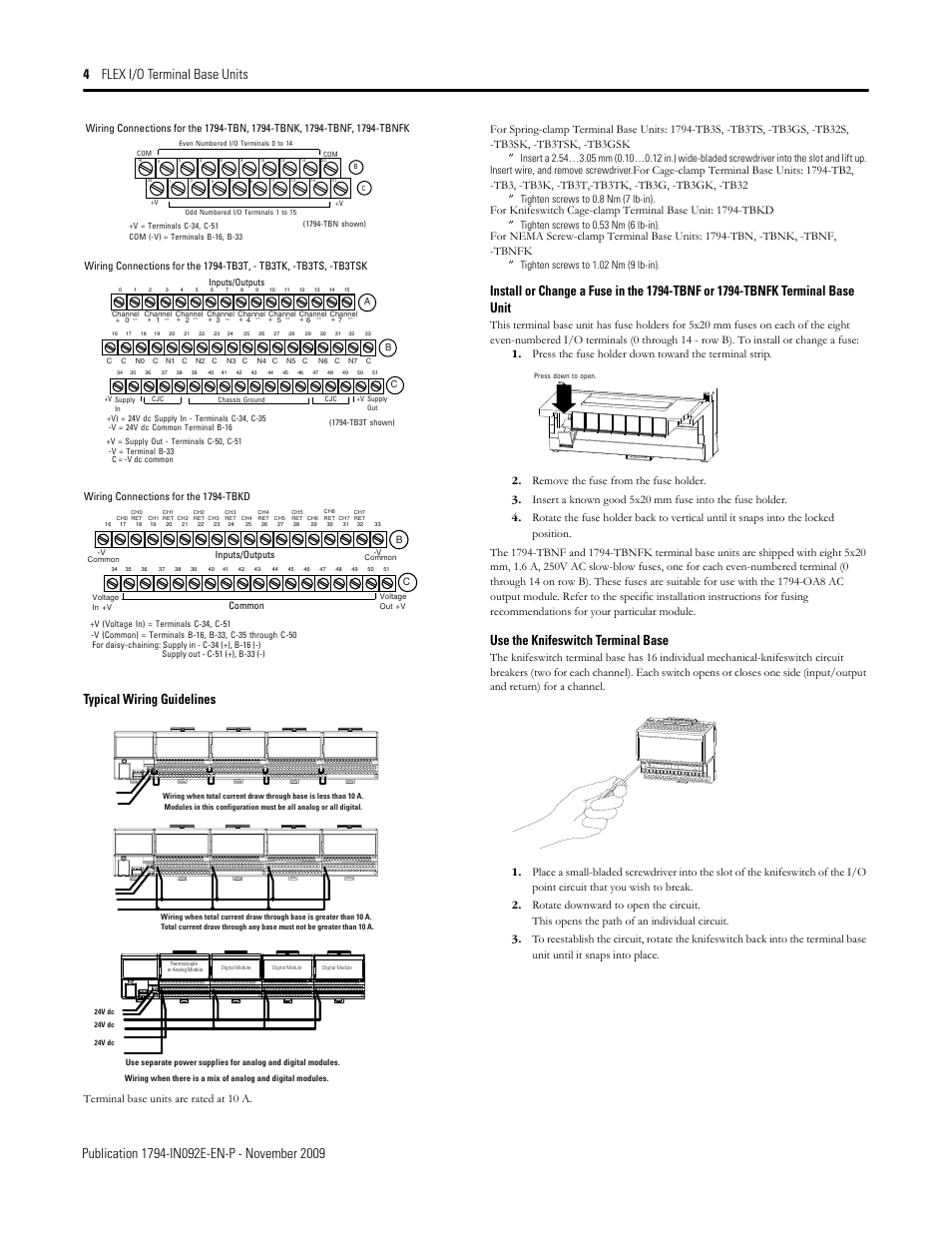 Typical wiring guidelines, Use the knifeswitch terminal base, Wiring connections for the 1794-tbkd | Rockwell Automation 1794-TB3GK, -TB3GS, -TB3T, -TB3TS, -TBN, -TBNK, -TBNF Flex I/O Terminal Base Units User Manual | Page 4 / 6