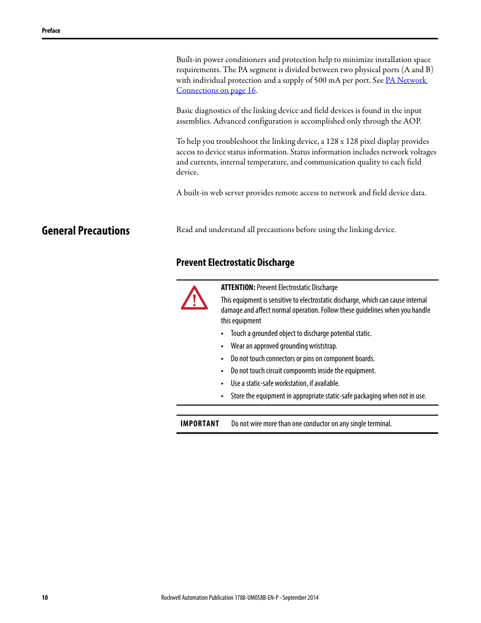 General precautions, Prevent electrostatic discharge | Rockwell Automation 1788-EN2PAR EtherNet/IP and ControlNet to PROFIBUS PA Linking Device User Manual User Manual | Page 10 / 76