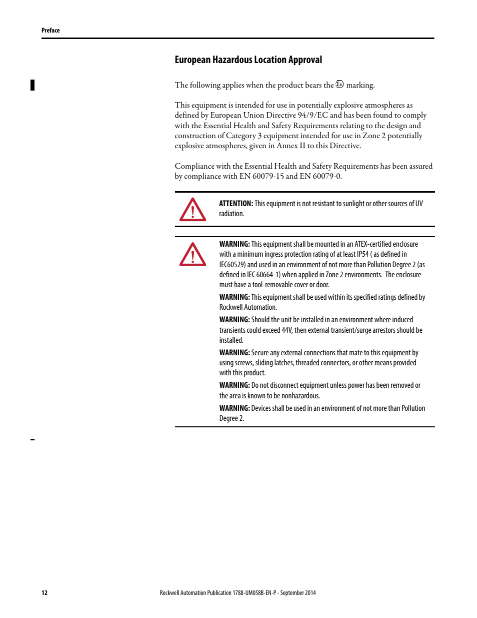 European hazardous location approval | Rockwell Automation 1788-EN2PAR EtherNet/IP and ControlNet to PROFIBUS PA Linking Device User Manual User Manual | Page 12 / 76