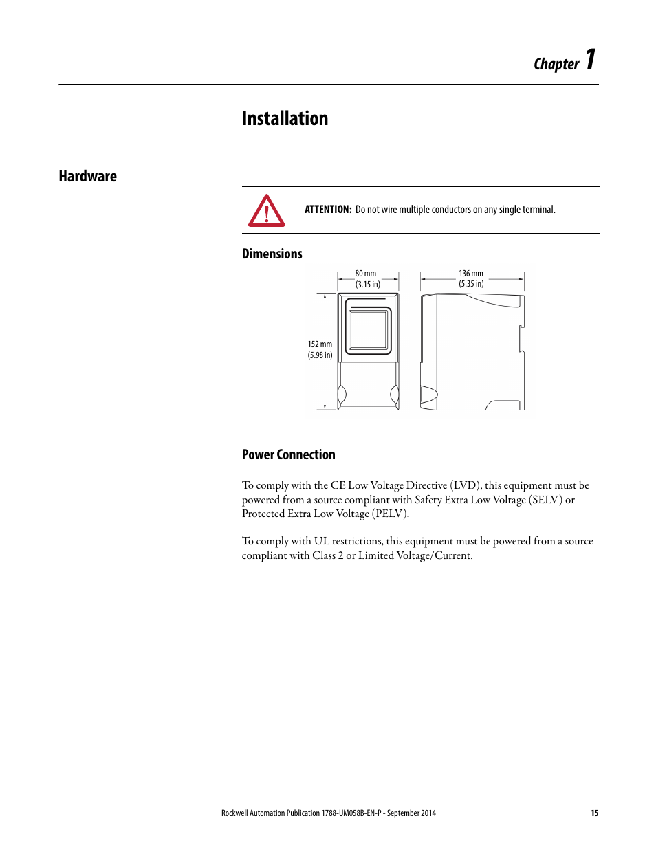Installation, Hardware, Power connection | Chapter 1 | Rockwell Automation 1788-EN2PAR EtherNet/IP and ControlNet to PROFIBUS PA Linking Device User Manual User Manual | Page 15 / 76