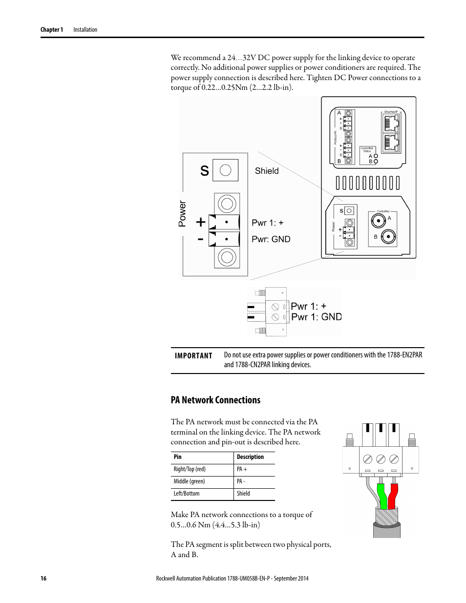 Pa network connections | Rockwell Automation 1788-EN2PAR EtherNet/IP and ControlNet to PROFIBUS PA Linking Device User Manual User Manual | Page 16 / 76