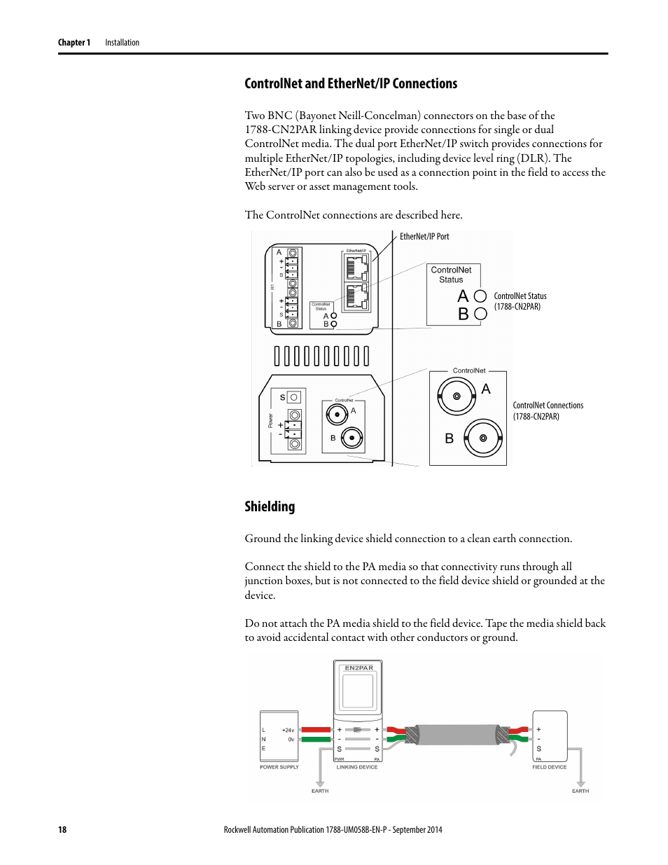 Controlnet and ethernet/ip connections, Shielding, Controlnet and ethernet/ip connections shielding | Rockwell Automation 1788-EN2PAR EtherNet/IP and ControlNet to PROFIBUS PA Linking Device User Manual User Manual | Page 18 / 76