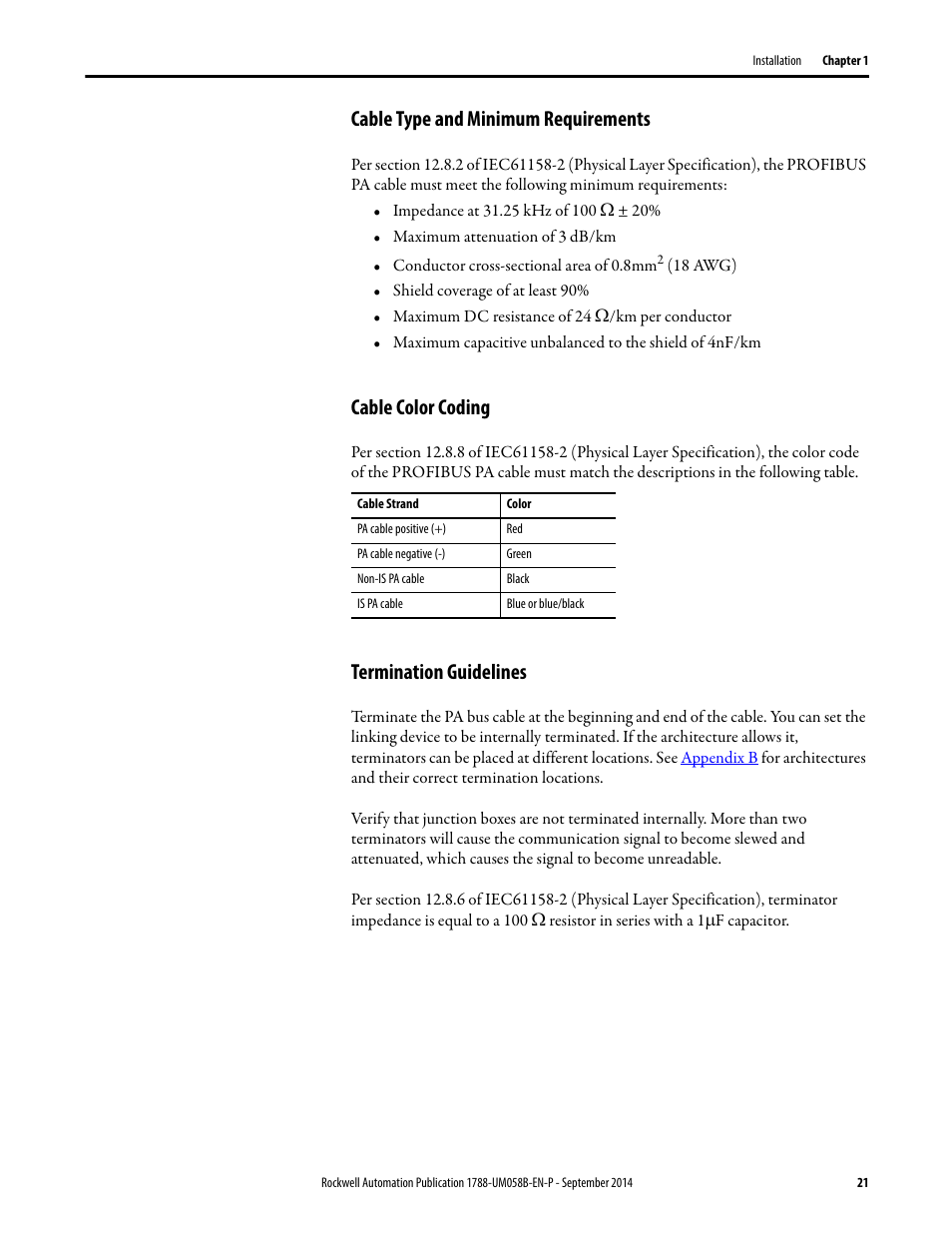 Cable type and minimum requirements, Cable color coding, Termination guidelines | Rockwell Automation 1788-EN2PAR EtherNet/IP and ControlNet to PROFIBUS PA Linking Device User Manual User Manual | Page 21 / 76