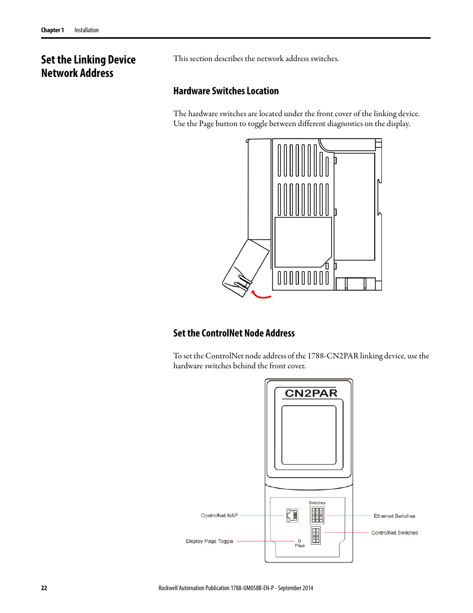 Set the linking device network address, Hardware switches location, Set the controlnet node address | Rockwell Automation 1788-EN2PAR EtherNet/IP and ControlNet to PROFIBUS PA Linking Device User Manual User Manual | Page 22 / 76