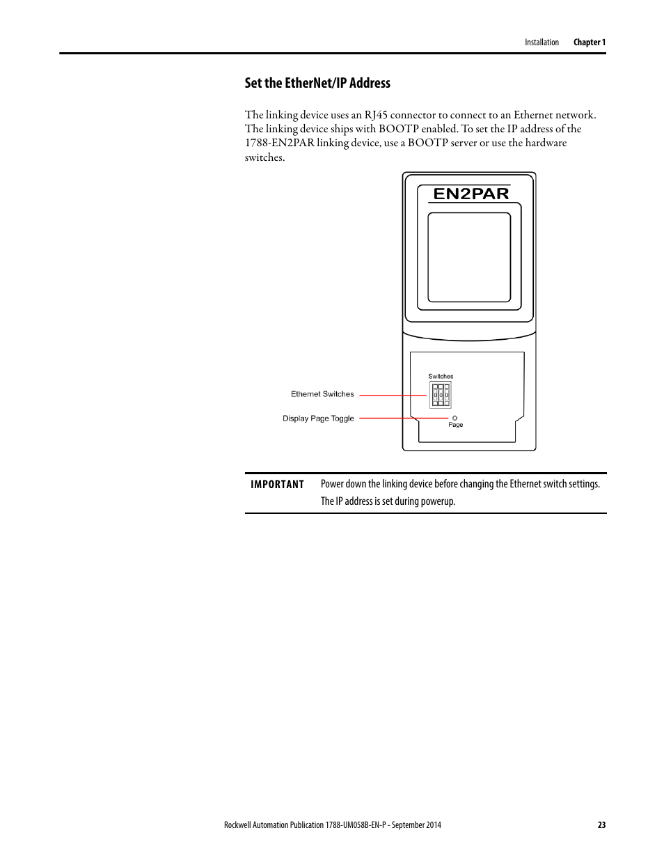 Set the ethernet/ip address | Rockwell Automation 1788-EN2PAR EtherNet/IP and ControlNet to PROFIBUS PA Linking Device User Manual User Manual | Page 23 / 76