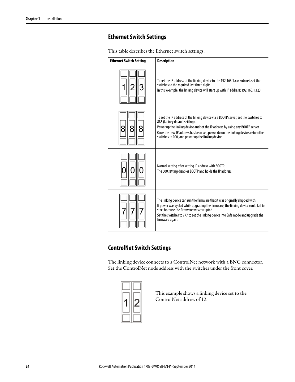 Ethernet switch settings, Controlnet switch settings | Rockwell Automation 1788-EN2PAR EtherNet/IP and ControlNet to PROFIBUS PA Linking Device User Manual User Manual | Page 24 / 76