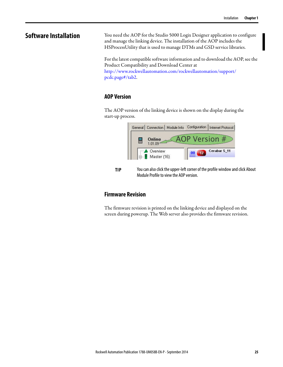 Software installation, Aop version, Firmware revision | Aop version firmware revision | Rockwell Automation 1788-EN2PAR EtherNet/IP and ControlNet to PROFIBUS PA Linking Device User Manual User Manual | Page 25 / 76