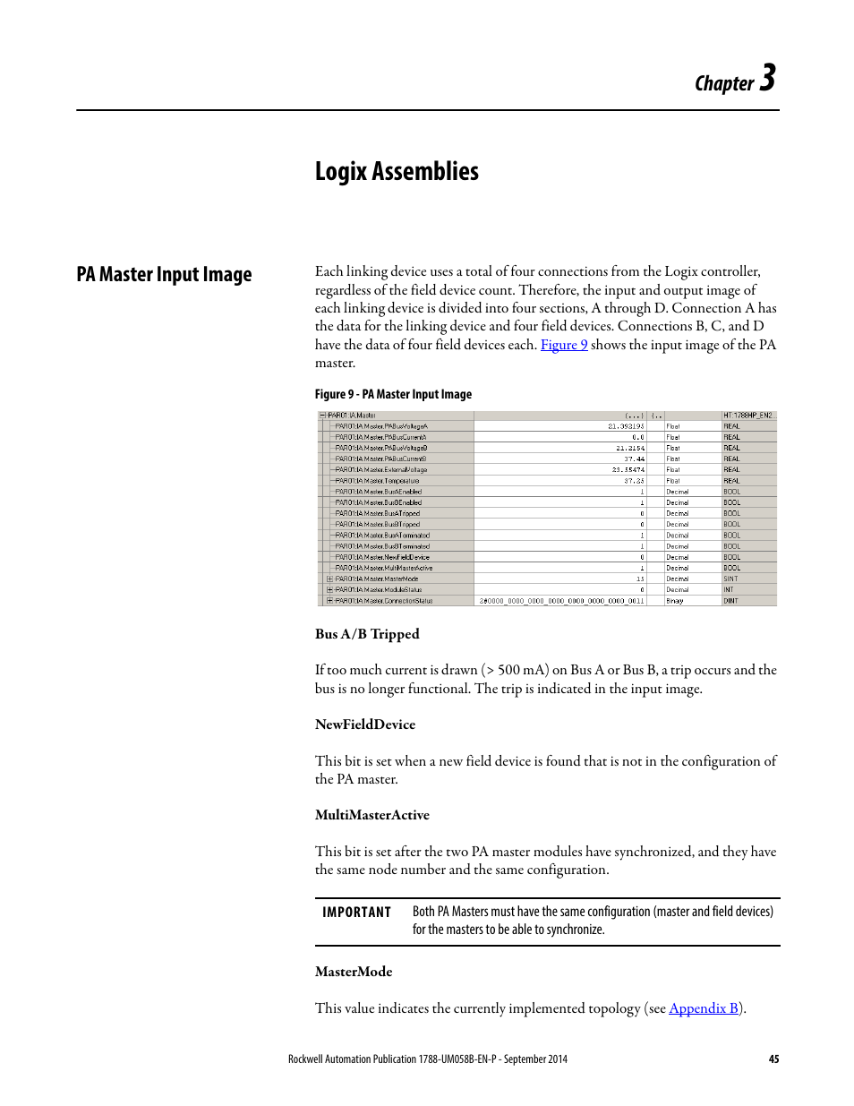 Logix assemblies, Pa master input image, Chapter 3 | Chapter | Rockwell Automation 1788-EN2PAR EtherNet/IP and ControlNet to PROFIBUS PA Linking Device User Manual User Manual | Page 45 / 76