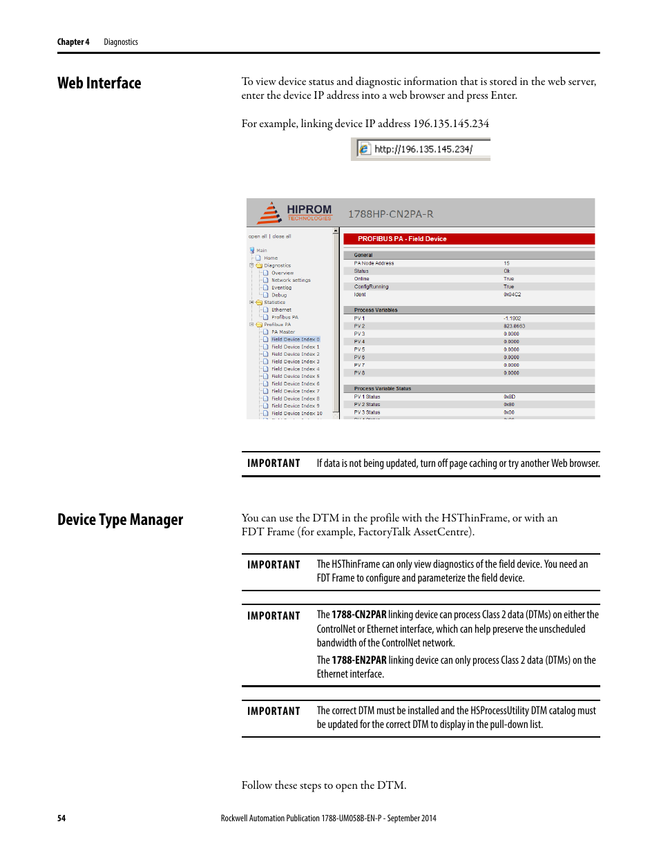 Web interface, Device type manager, Web interface device type manager | Rockwell Automation 1788-EN2PAR EtherNet/IP and ControlNet to PROFIBUS PA Linking Device User Manual User Manual | Page 54 / 76