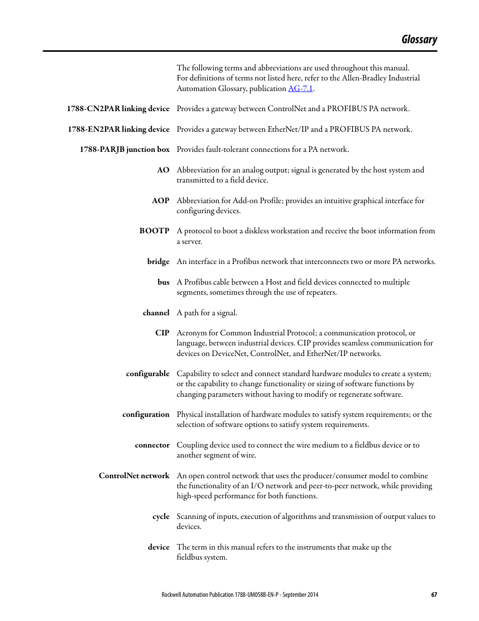 Glossary | Rockwell Automation 1788-EN2PAR EtherNet/IP and ControlNet to PROFIBUS PA Linking Device User Manual User Manual | Page 67 / 76