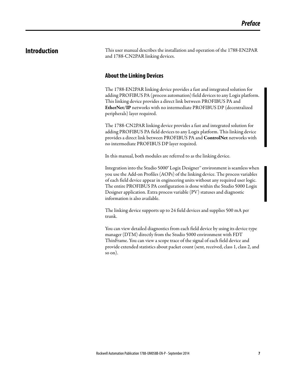 Preface, Introduction, About the linking devices | Preface introduction | Rockwell Automation 1788-EN2PAR EtherNet/IP and ControlNet to PROFIBUS PA Linking Device User Manual User Manual | Page 7 / 76