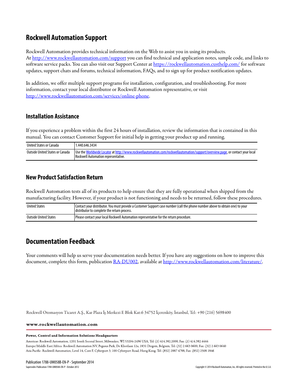 Rockwell automation support, Documentation feedback, Installation assistance | New product satisfaction return | Rockwell Automation 1788-EN2PAR EtherNet/IP and ControlNet to PROFIBUS PA Linking Device User Manual User Manual | Page 76 / 76