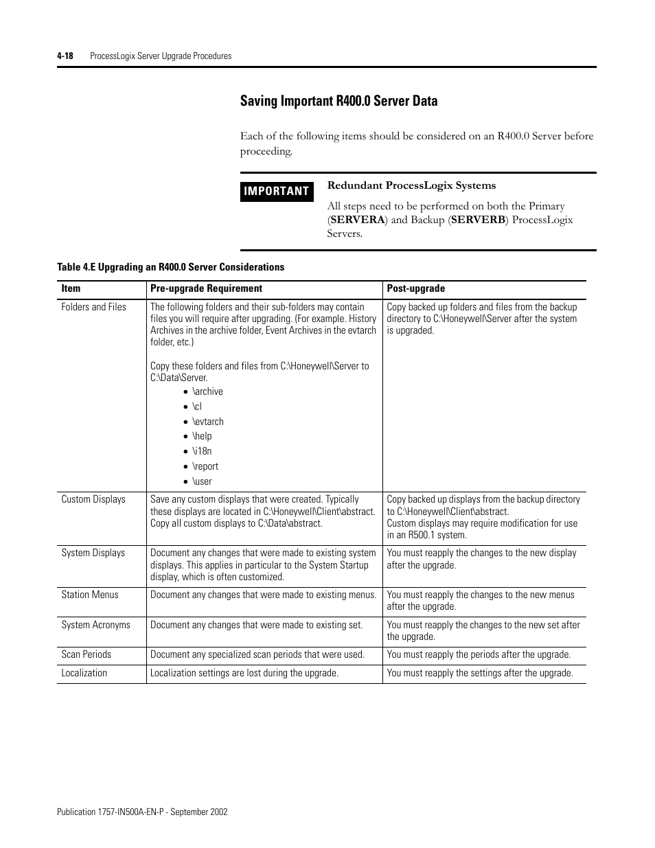 Saving important r400.0 server data, Saving important r400.0 server data -18 | Rockwell Automation 1757-SWKIT5000 ProcessLogix R500.1 Installation and Upgrade Guide User Manual | Page 106 / 273