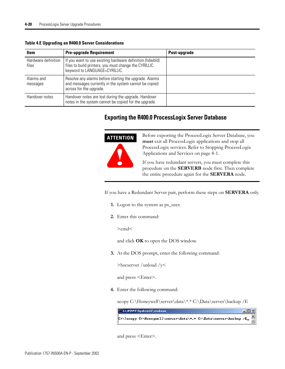 Exporting the r400.0 processlogix server database | Rockwell Automation 1757-SWKIT5000 ProcessLogix R500.1 Installation and Upgrade Guide User Manual | Page 108 / 273