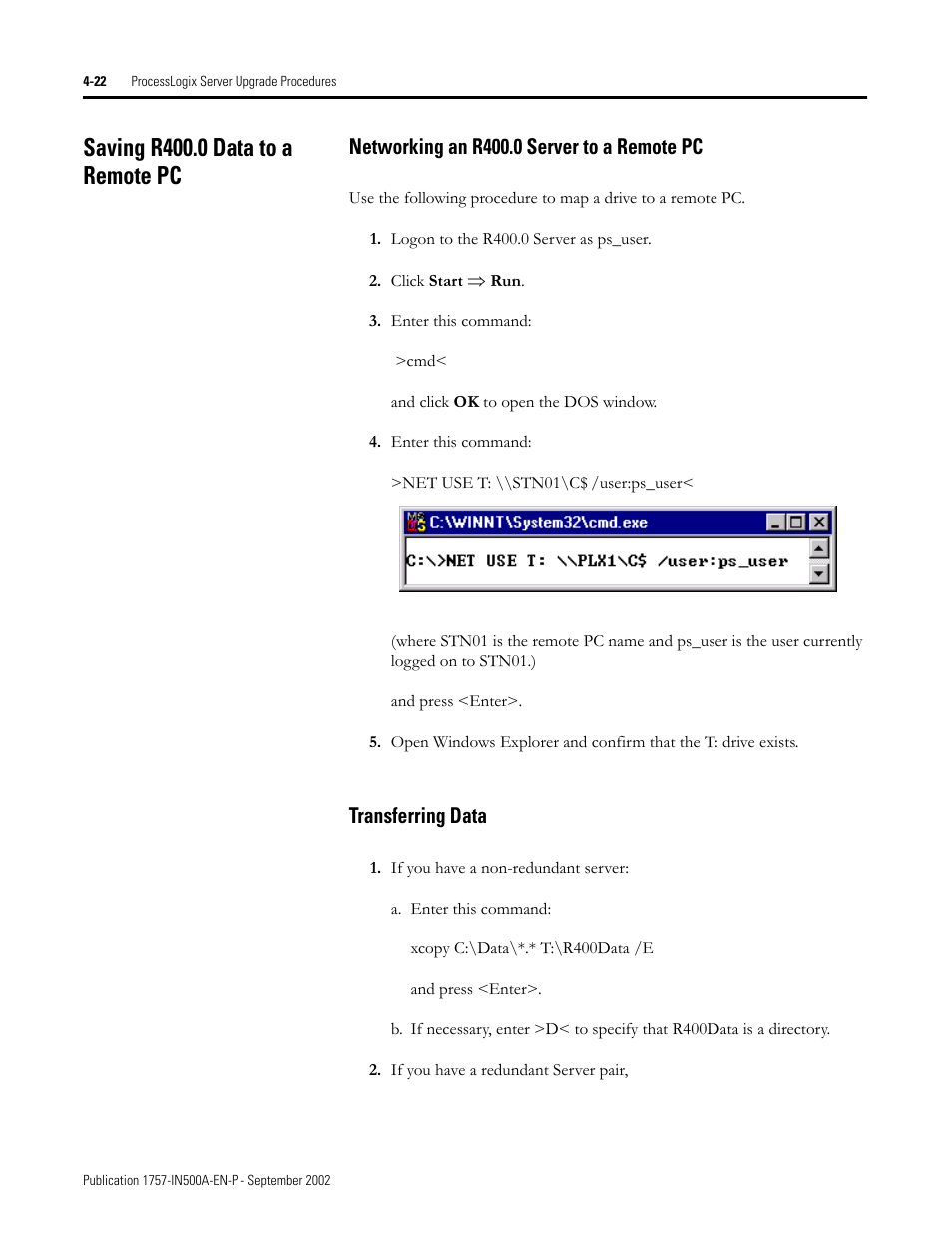 Saving r400.0 data to a remote pc, Networking an r400.0 server to a remote pc, Transferring data | Saving r400.0 data to a remote pc -22 | Rockwell Automation 1757-SWKIT5000 ProcessLogix R500.1 Installation and Upgrade Guide User Manual | Page 110 / 273