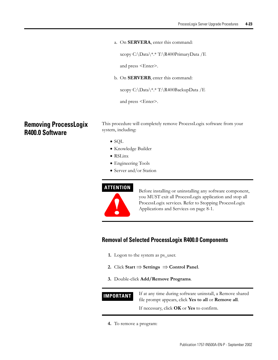 Removing processlogix r400.0 software, Removal of selected processlogix r400.0 components, Removing processlogix r400.0 software -23 | Rockwell Automation 1757-SWKIT5000 ProcessLogix R500.1 Installation and Upgrade Guide User Manual | Page 111 / 273