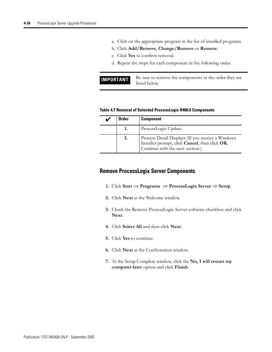 Remove processlogix server components, Remove processlogix server components -24 | Rockwell Automation 1757-SWKIT5000 ProcessLogix R500.1 Installation and Upgrade Guide User Manual | Page 112 / 273