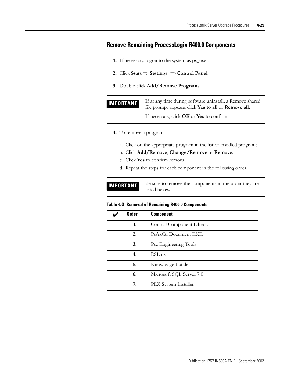 Remove remaining processlogix r400.0 components | Rockwell Automation 1757-SWKIT5000 ProcessLogix R500.1 Installation and Upgrade Guide User Manual | Page 113 / 273