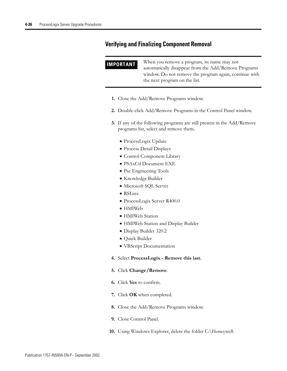 Verifying and finalizing component removal, Verifying and finalizing component removal -26 | Rockwell Automation 1757-SWKIT5000 ProcessLogix R500.1 Installation and Upgrade Guide User Manual | Page 114 / 273