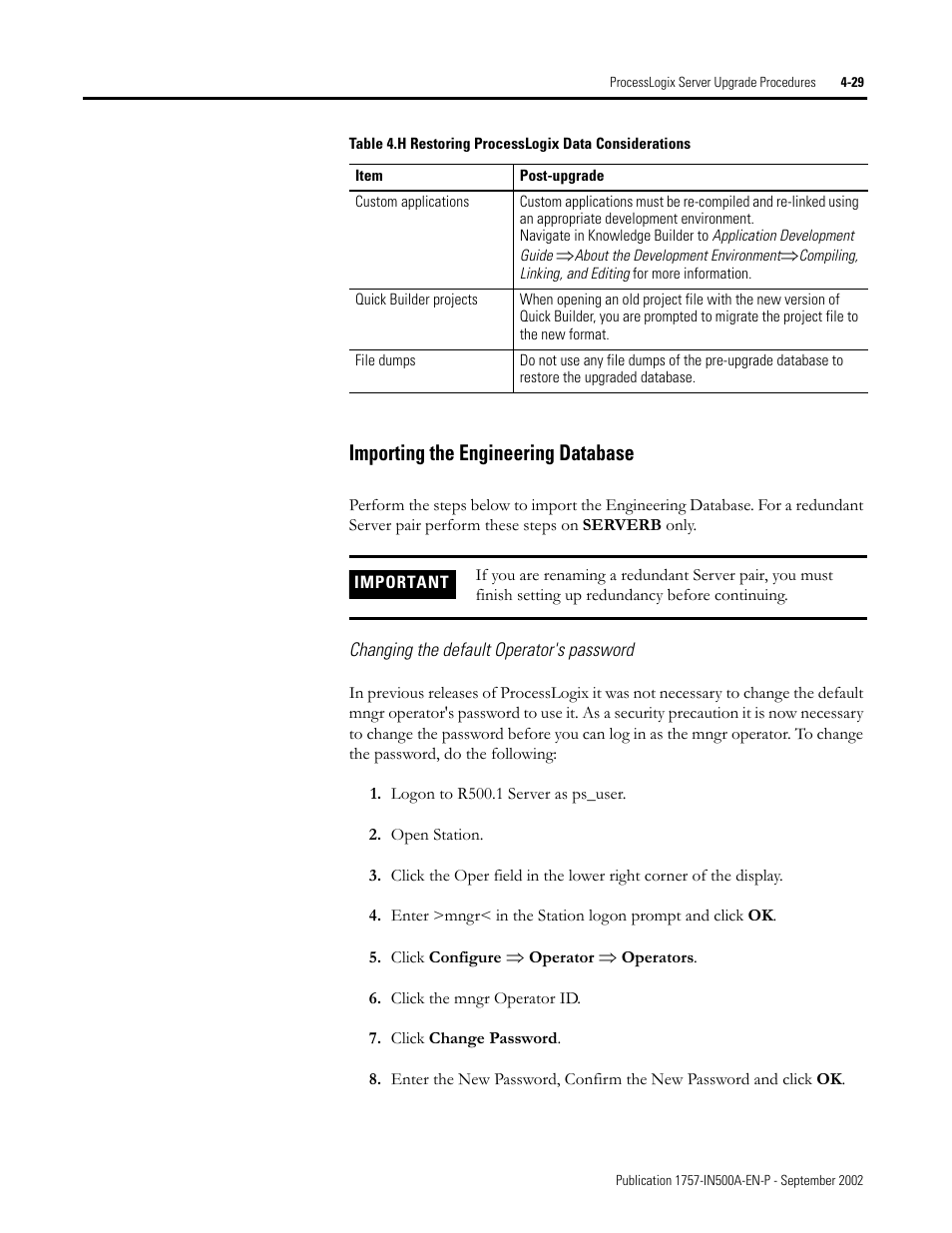 Importing the engineering database, Changing the default operator's password, Importing the engineering database -29 | Changing the default operator's password -29 | Rockwell Automation 1757-SWKIT5000 ProcessLogix R500.1 Installation and Upgrade Guide User Manual | Page 117 / 273