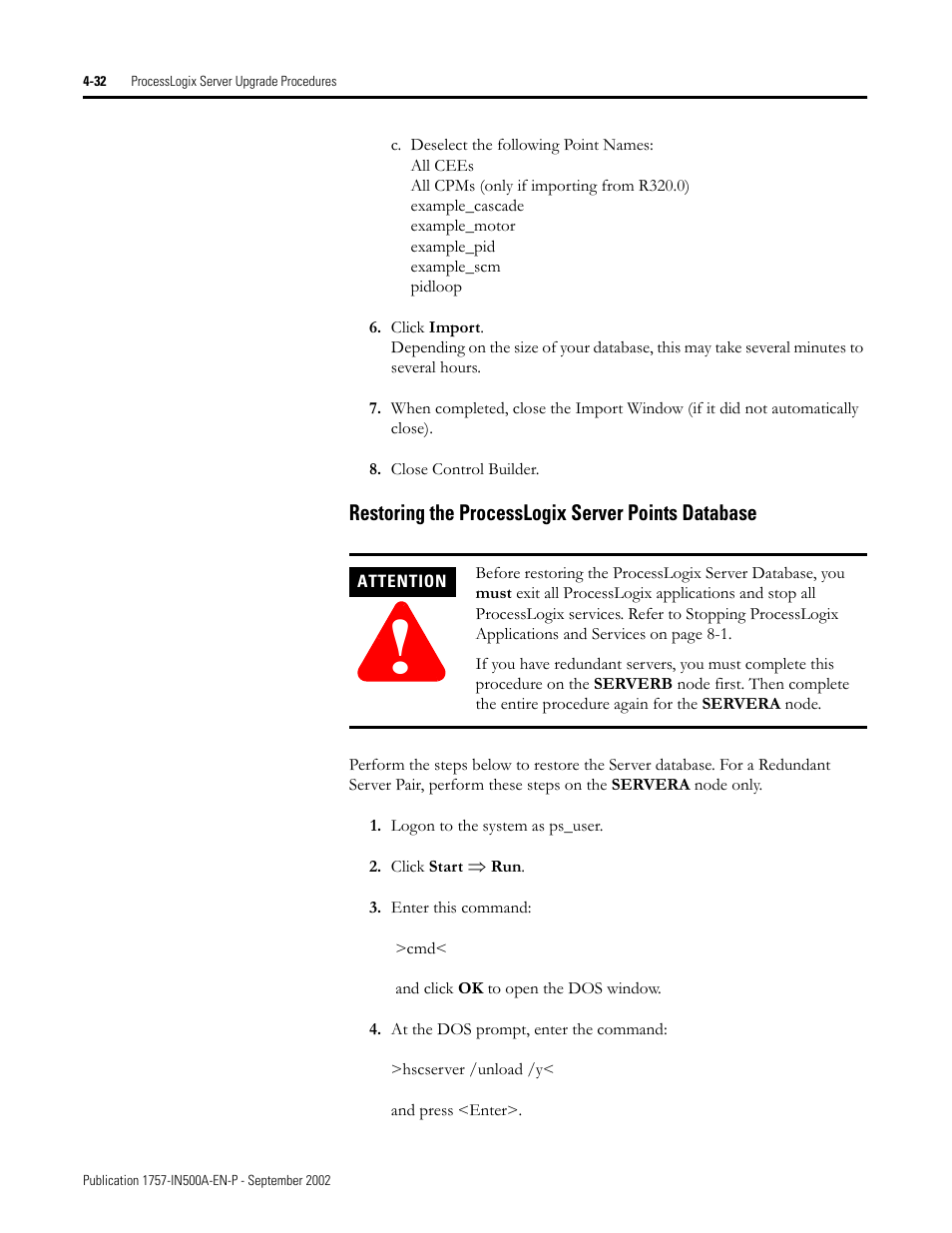 Restoring the processlogix server points database | Rockwell Automation 1757-SWKIT5000 ProcessLogix R500.1 Installation and Upgrade Guide User Manual | Page 120 / 273