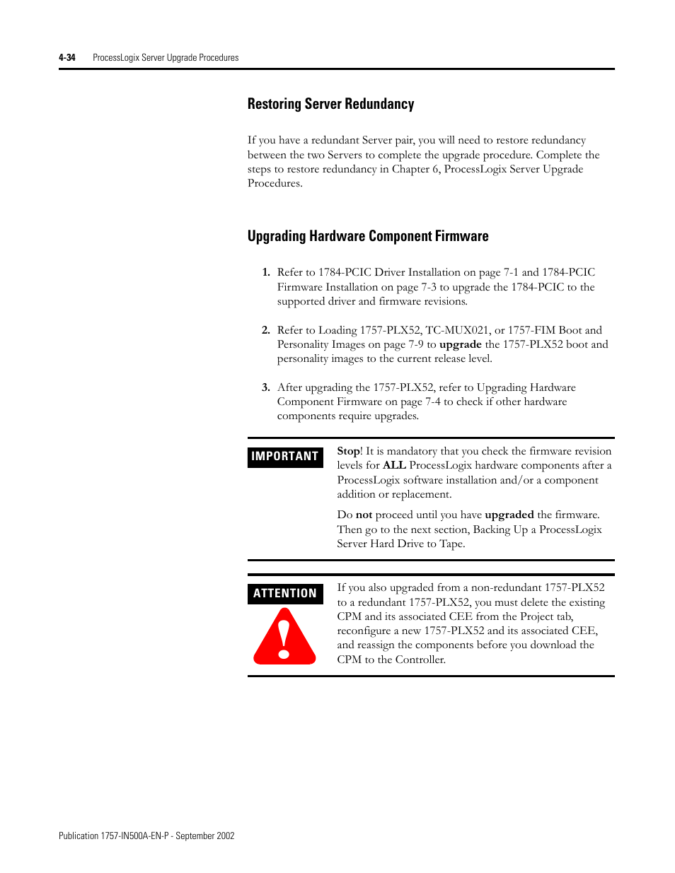 Restoring server redundancy, Upgrading hardware component firmware | Rockwell Automation 1757-SWKIT5000 ProcessLogix R500.1 Installation and Upgrade Guide User Manual | Page 122 / 273