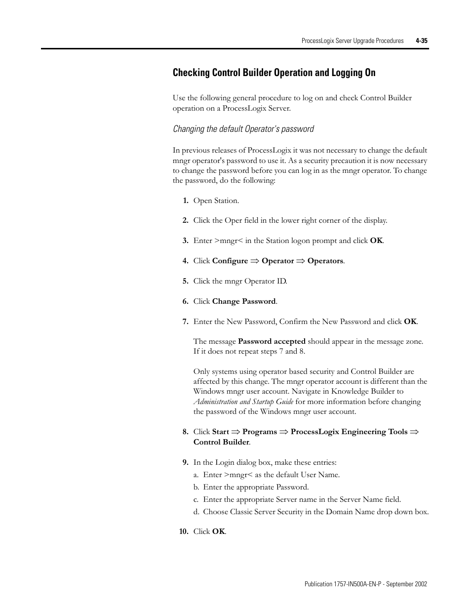 Checking control builder operation and logging on, Changing the default operator's password, Changing the default operator's password -35 | Rockwell Automation 1757-SWKIT5000 ProcessLogix R500.1 Installation and Upgrade Guide User Manual | Page 123 / 273