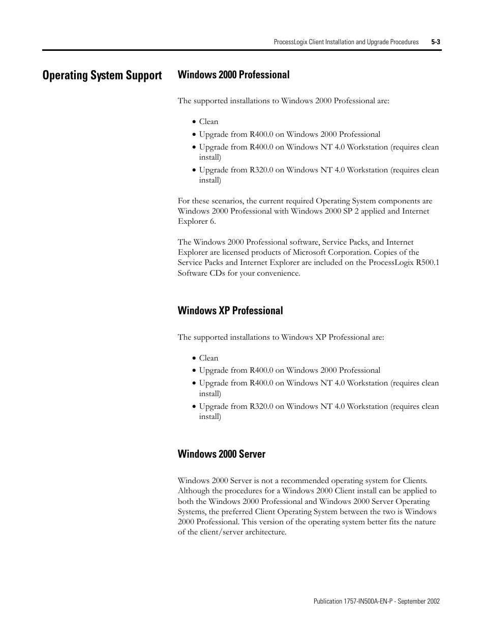 Operating system support, Windows 2000 professional, Windows xp professional | Windows 2000 server, Operating system support -3 | Rockwell Automation 1757-SWKIT5000 ProcessLogix R500.1 Installation and Upgrade Guide User Manual | Page 127 / 273