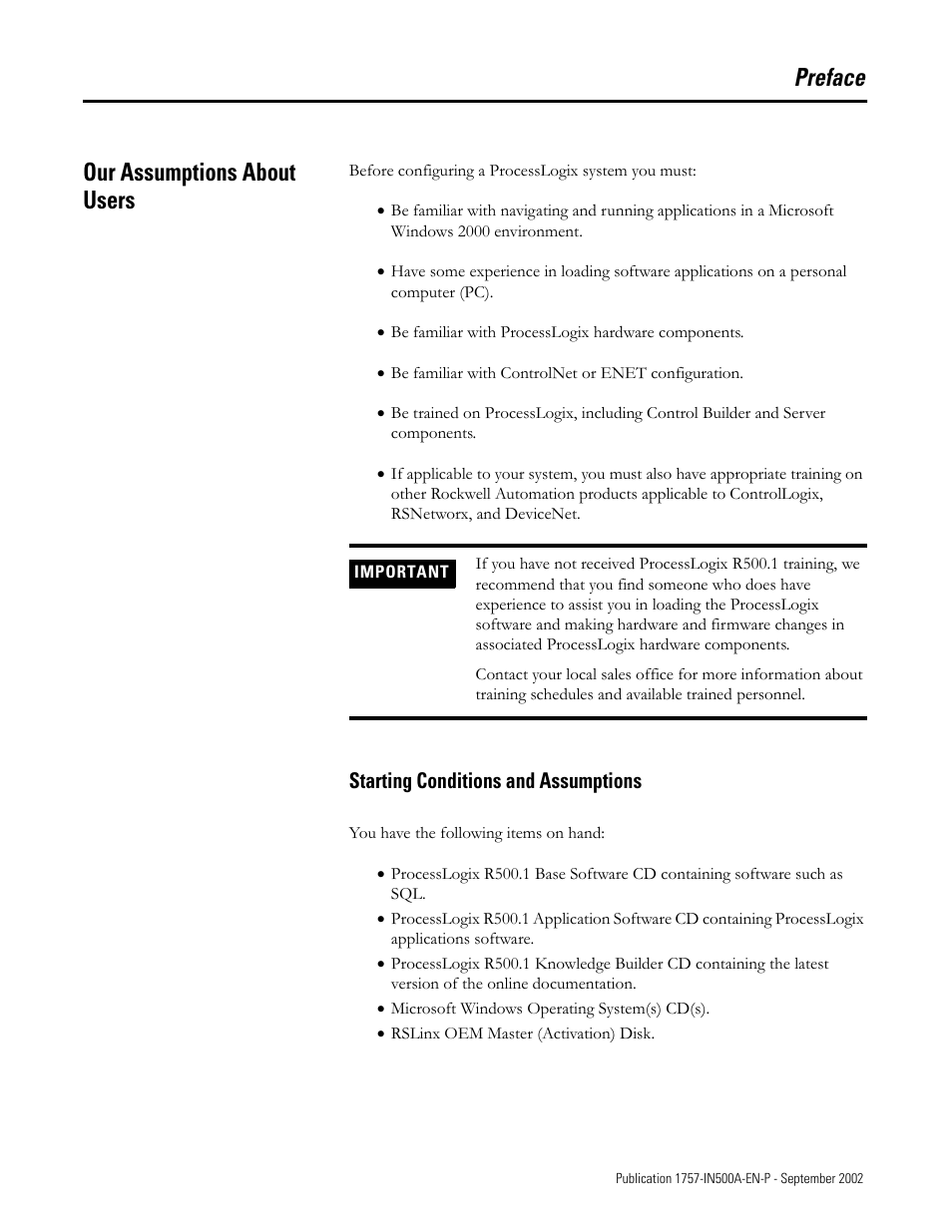 Preface, Our assumptions about users, Starting conditions and assumptions | Preface our assumptions about users | Rockwell Automation 1757-SWKIT5000 ProcessLogix R500.1 Installation and Upgrade Guide User Manual | Page 13 / 273