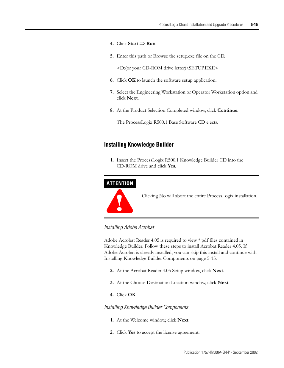 Installing knowledge builder, Installing adobe acrobat, Installing knowledge builder components | Installing knowledge builder -15 | Rockwell Automation 1757-SWKIT5000 ProcessLogix R500.1 Installation and Upgrade Guide User Manual | Page 139 / 273