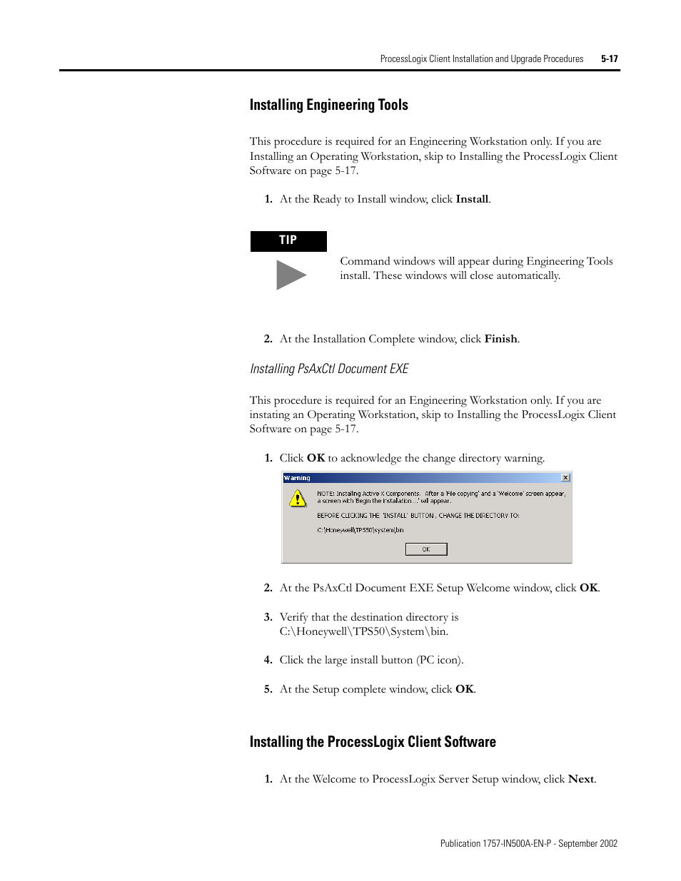 Installing engineering tools, Installing psaxctl document exe, Installing the processlogix client software | Installing the processlogix client software -17 | Rockwell Automation 1757-SWKIT5000 ProcessLogix R500.1 Installation and Upgrade Guide User Manual | Page 141 / 273