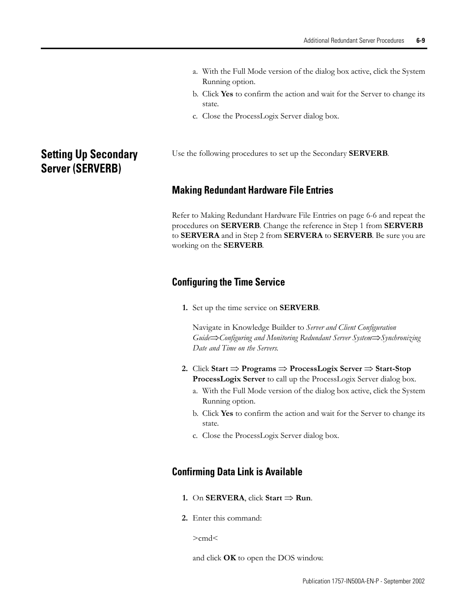 Setting up secondary server (serverb), Making redundant hardware file entries, Configuring the time service | Confirming data link is available, Setting up secondary server (serverb) -9, Making redundant hardware file entries -9 | Rockwell Automation 1757-SWKIT5000 ProcessLogix R500.1 Installation and Upgrade Guide User Manual | Page 165 / 273