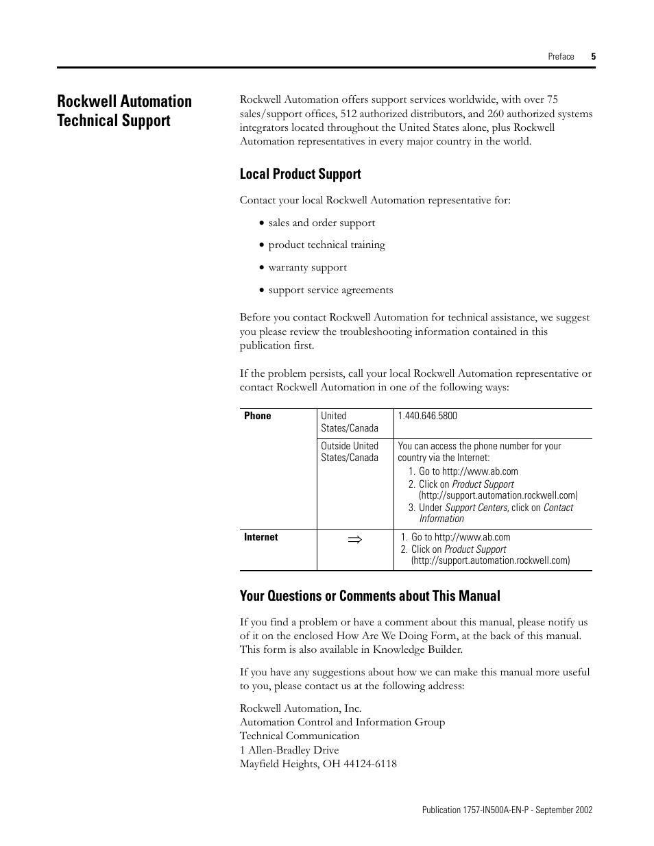 Rockwell automation technical support, Local product support, Your questions or comments about this manual | Rockwell Automation 1757-SWKIT5000 ProcessLogix R500.1 Installation and Upgrade Guide User Manual | Page 17 / 273