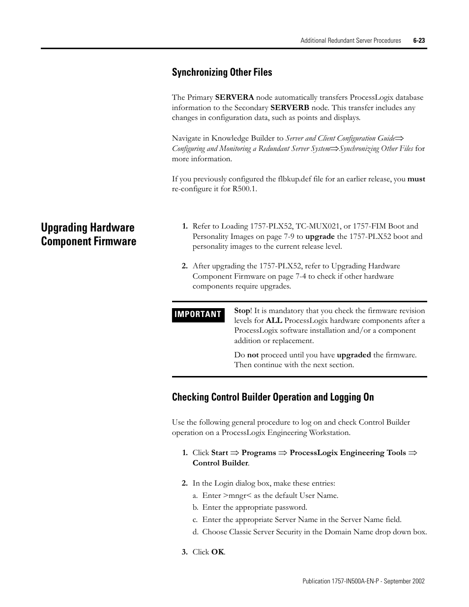 Synchronizing other files, Upgrading hardware component firmware, Checking control builder operation and logging on | Synchronizing other files -23, Upgrading hardware component firmware -23 | Rockwell Automation 1757-SWKIT5000 ProcessLogix R500.1 Installation and Upgrade Guide User Manual | Page 179 / 273