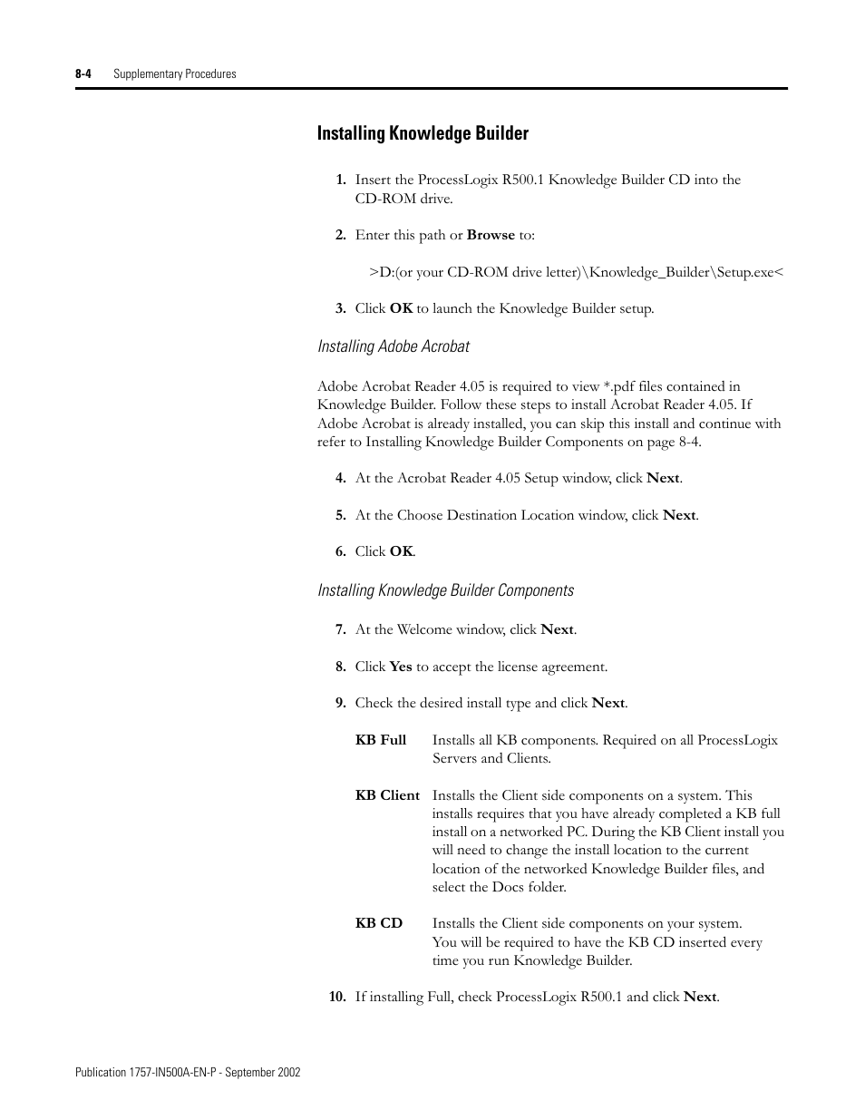 Installing knowledge builder, Installing adobe acrobat, Installing knowledge builder components | Installing knowledge builder -4 | Rockwell Automation 1757-SWKIT5000 ProcessLogix R500.1 Installation and Upgrade Guide User Manual | Page 202 / 273