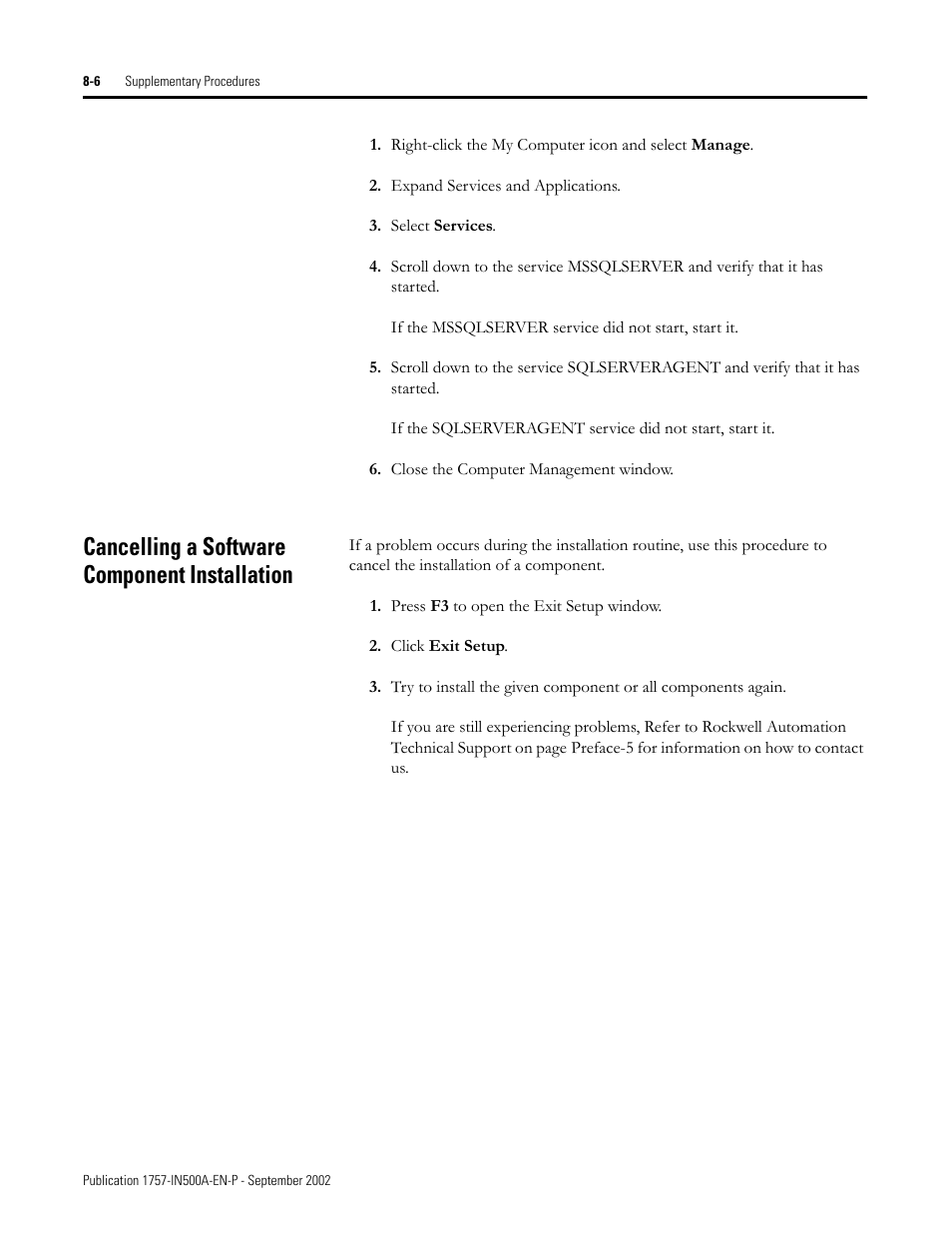 Cancelling a software component installation, Cancelling a software component installation -6 | Rockwell Automation 1757-SWKIT5000 ProcessLogix R500.1 Installation and Upgrade Guide User Manual | Page 204 / 273