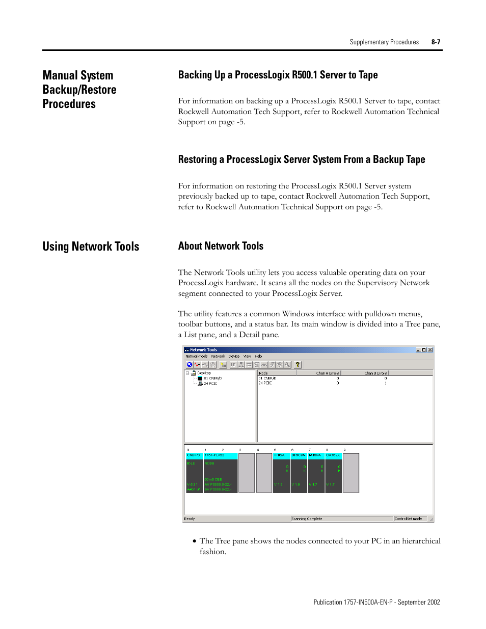 Manual system backup/restore procedures, Backing up a processlogix r500.1 server to tape, Using network tools | About network tools, Manual system backup/restore procedures -7, Using network tools -7, About network tools -7 | Rockwell Automation 1757-SWKIT5000 ProcessLogix R500.1 Installation and Upgrade Guide User Manual | Page 205 / 273