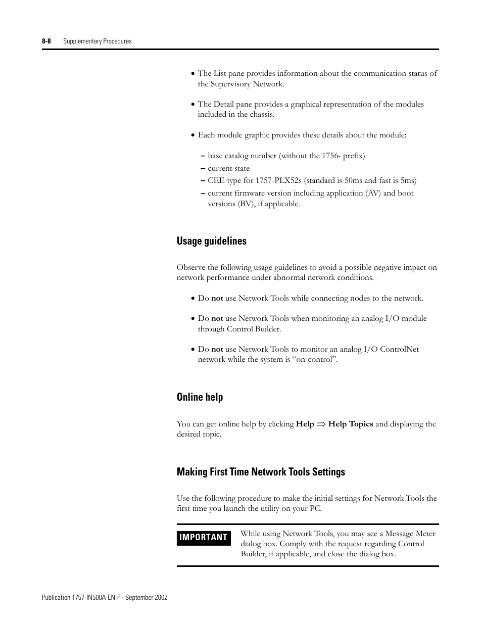 Usage guidelines, Online help, Making first time network tools settings | Refer | Rockwell Automation 1757-SWKIT5000 ProcessLogix R500.1 Installation and Upgrade Guide User Manual | Page 206 / 273