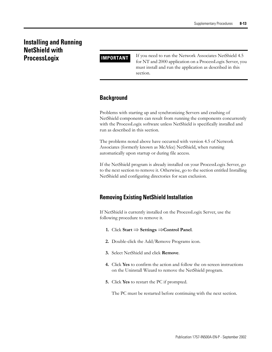 Installing and running netshield with processlogix, Background, Removing existing netshield installation | Rockwell Automation 1757-SWKIT5000 ProcessLogix R500.1 Installation and Upgrade Guide User Manual | Page 211 / 273