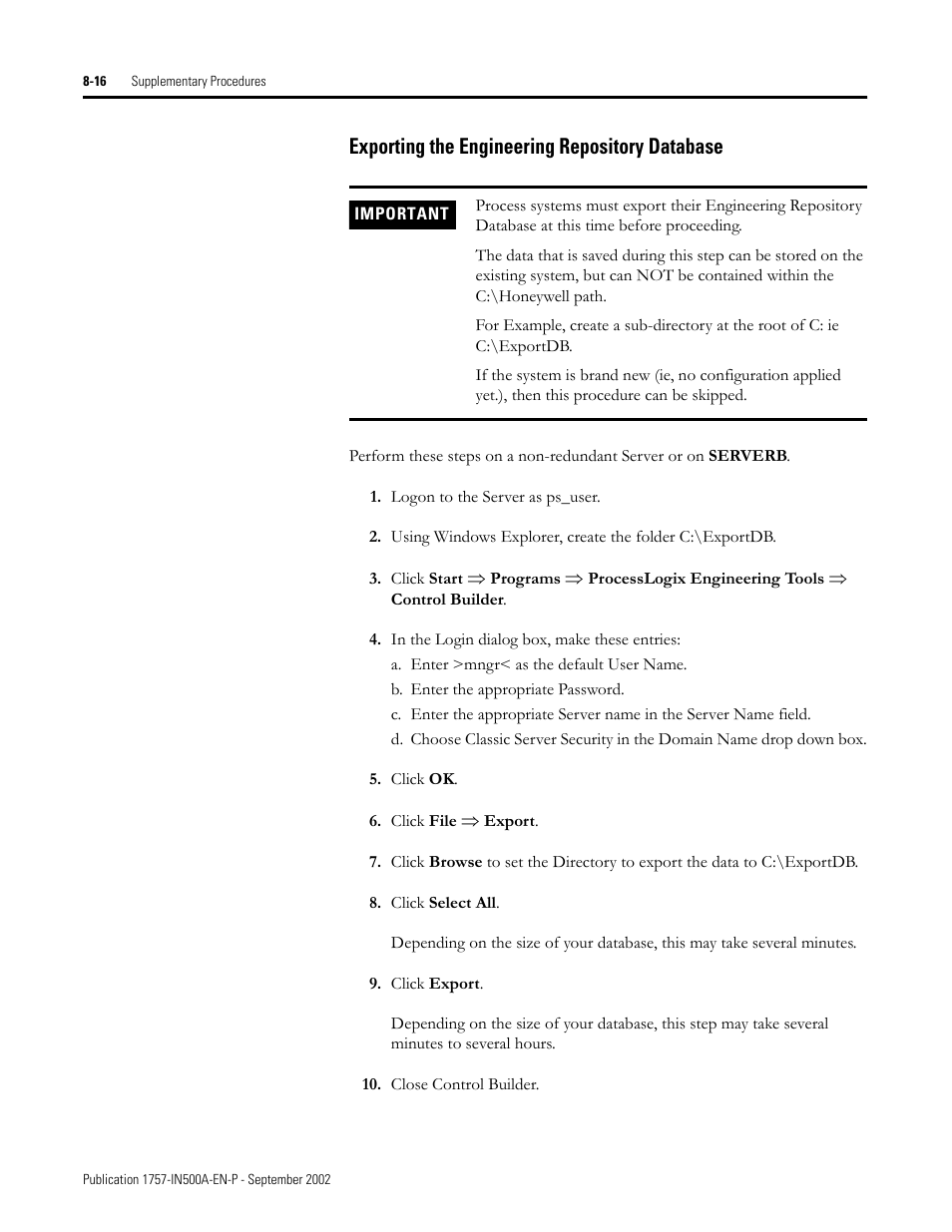 Exporting the engineering repository database, Exporting the engineering repository database -16 | Rockwell Automation 1757-SWKIT5000 ProcessLogix R500.1 Installation and Upgrade Guide User Manual | Page 214 / 273