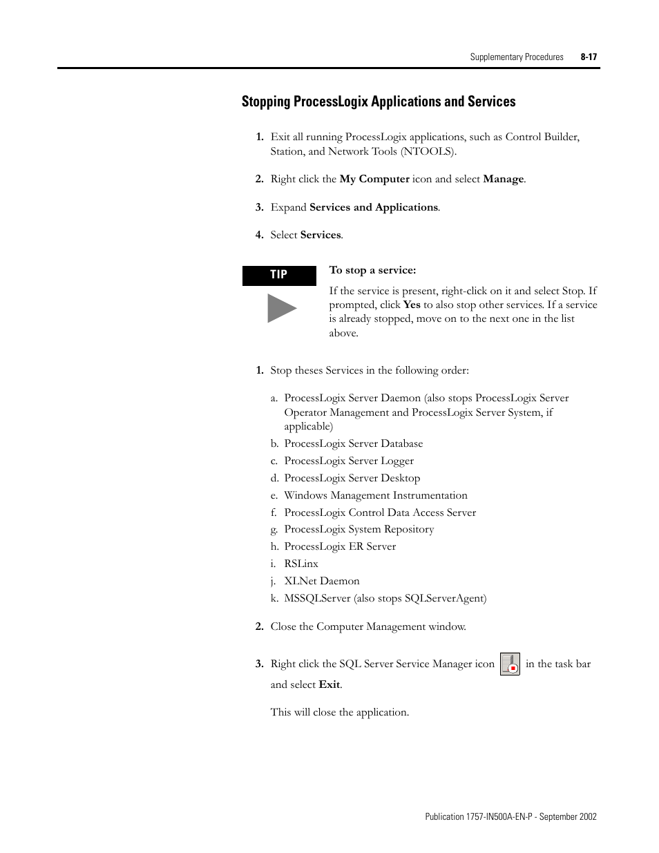 Stopping processlogix applications and services | Rockwell Automation 1757-SWKIT5000 ProcessLogix R500.1 Installation and Upgrade Guide User Manual | Page 215 / 273